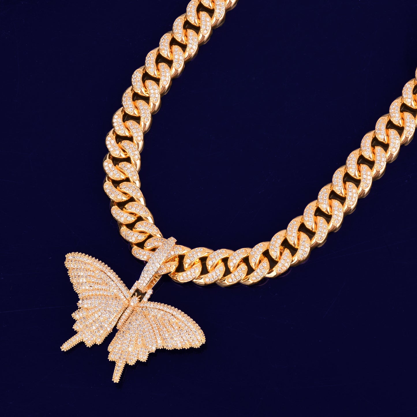 With 14MM Cuban Chain Gold Color Animal butterfly Pendant Necklace Bling AAA Zircon Men's Hip Hop Jewelry For Gift