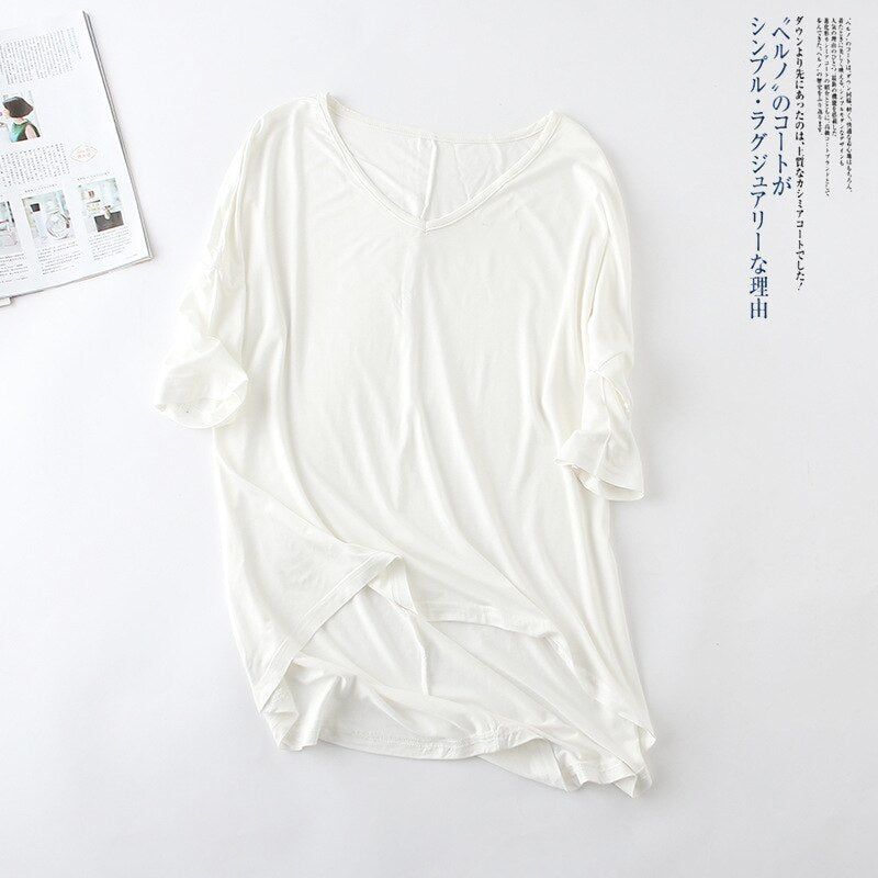 Women's Bat Sleeve T-shirt Korean Japan Style V-neck Solid Color Middle Sleeve Top Casual Summer Tee Large Size