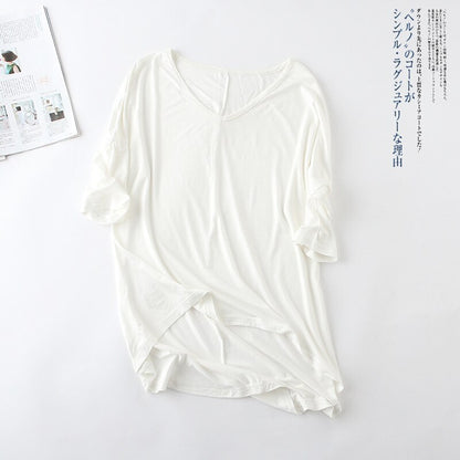 Women's Bat Sleeve T-shirt Korean Japan Style V-neck Solid Color Middle Sleeve Top Casual Summer Tee Large Size
