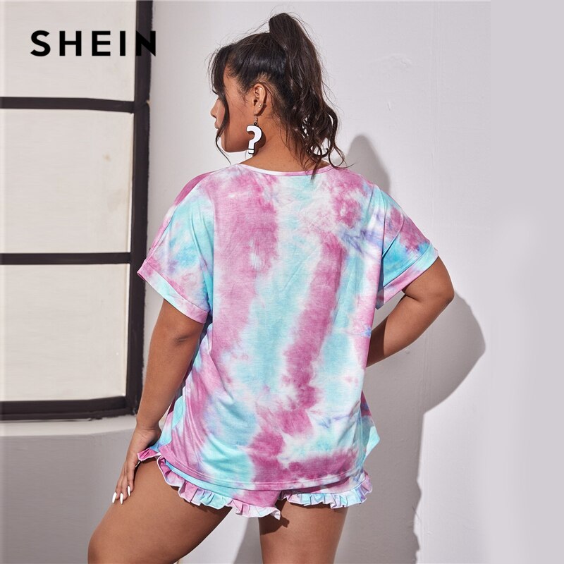 SHEIN Plus Size Tie Dye Round Neck Tee and Frill Trim Shorts Pajama Sets Women Summer Sleepwear Loungewear Casual Plus PJ Set