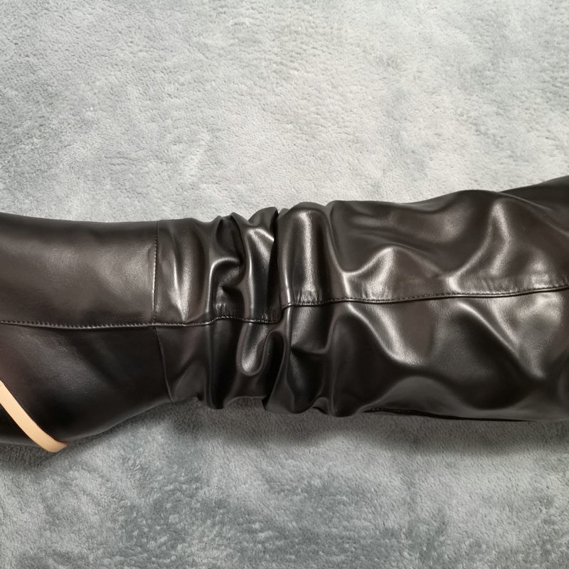 Black White Fashion Pleated Knee High Boots Women Pu Leather Wedges High Heels Long Boots Pointed Toe Autumn Winter Plush Shoes
