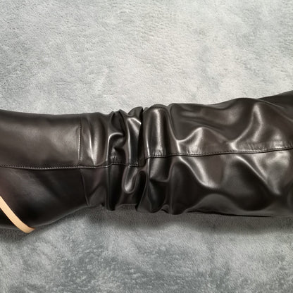 Black White Fashion Pleated Knee High Boots Women Pu Leather Wedges High Heels Long Boots Pointed Toe Autumn Winter Plush Shoes