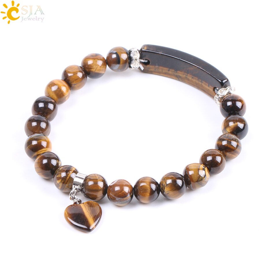 CSJA Natural Stone Beads Tiger Eye Men Strand Bracelets & Bangles Heart Shape Silver Color Fitting Women Jewelry Love Gifts F105