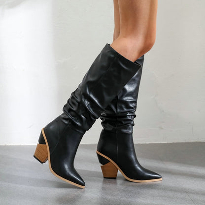 Black White Fashion Pleated Knee High Boots Women Pu Leather Wedges High Heels Long Boots Pointed Toe Autumn Winter Plush Shoes