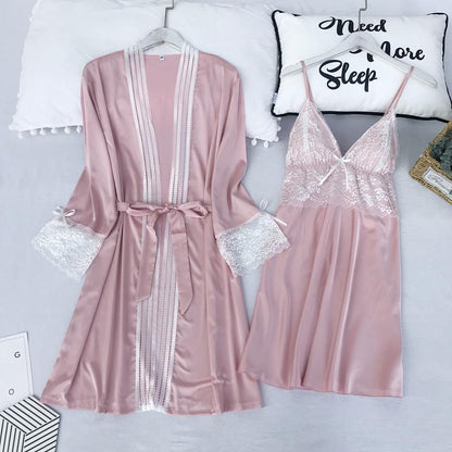 Satin Lace 5PCS Sleep Set Sexy Kimono Bathrobe Gown Female Robe Silky Nightwear Intimate Lingerie Casual Nightgown Sleepwear