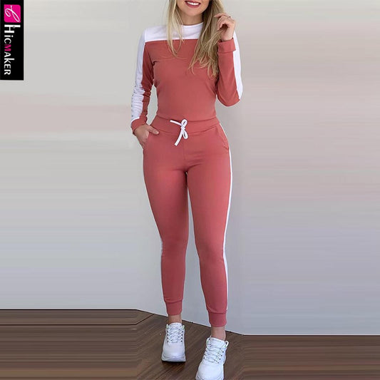 Women Colorblock Long Sleeve Top & Drawstring Pants Set