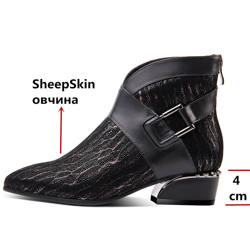 FEDONAS Prints SheepSkin High Heels Elegant Chelsea Boots Autumn Winter Vintage Women Ankle Boots Party Dancing Shoes Woman