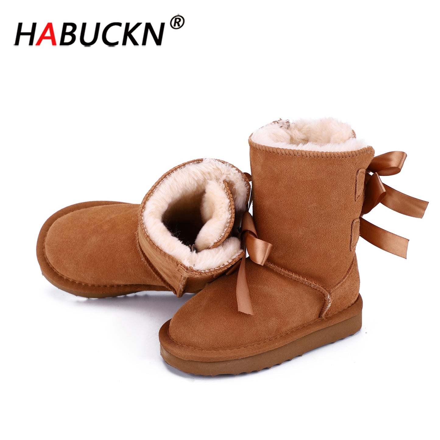 HABUCKN High Quality Children winter snow boots genuine leather boots mid-calf Lace up bow-knot boots Boy and girl dusk shoes