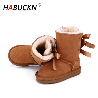 HABUCKN High Quality Children winter snow boots genuine leather boots mid-calf Lace up bow-knot boots Boy and girl dusk shoes