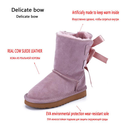 HABUCKN High Quality Children winter snow boots genuine leather boots mid-calf Lace up bow-knot boots Boy and girl dusk shoes