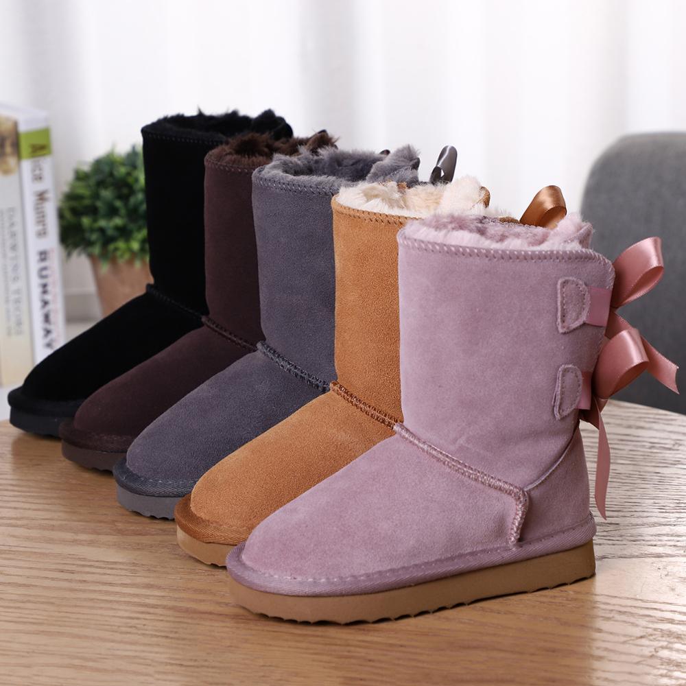 HABUCKN High Quality Children winter snow boots genuine leather boots mid-calf Lace up bow-knot boots Boy and girl dusk shoes