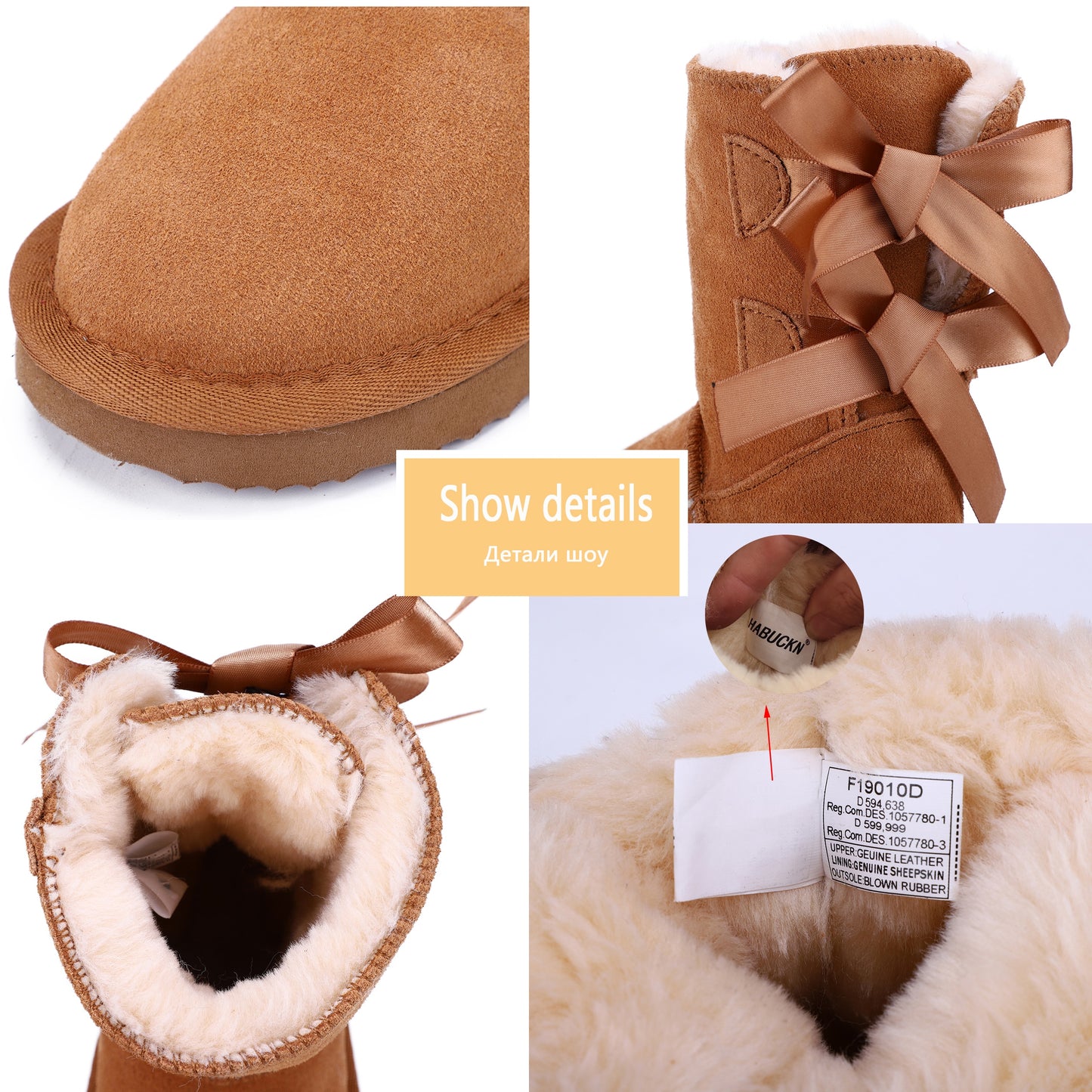HABUCKN High Quality Children winter snow boots genuine leather boots mid-calf Lace up bow-knot boots Boy and girl dusk shoes