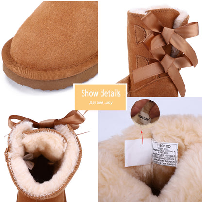HABUCKN High Quality Children winter snow boots genuine leather boots mid-calf Lace up bow-knot boots Boy and girl dusk shoes