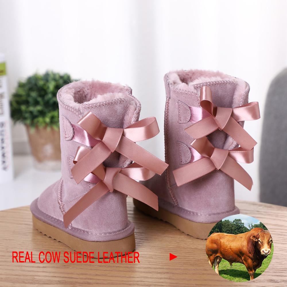 HABUCKN High Quality Children winter snow boots genuine leather boots mid-calf Lace up bow-knot boots Boy and girl dusk shoes