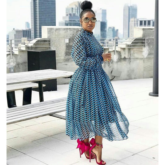Designer Geometric Print Runway Dress Women's 3/4 Sleeve Waist Hollow Out Holiday Casual Long Dress