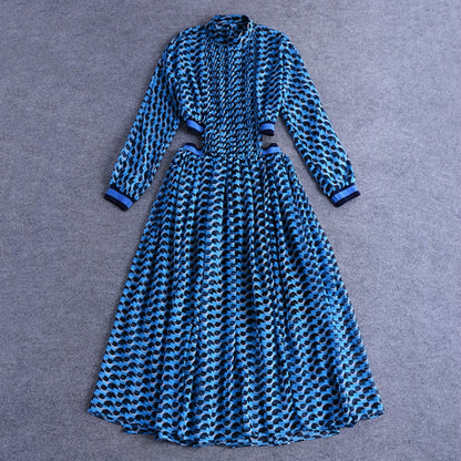 Designer Geometric Print Runway Dress Women's 3/4 Sleeve Waist Hollow Out Holiday Casual Long Dress