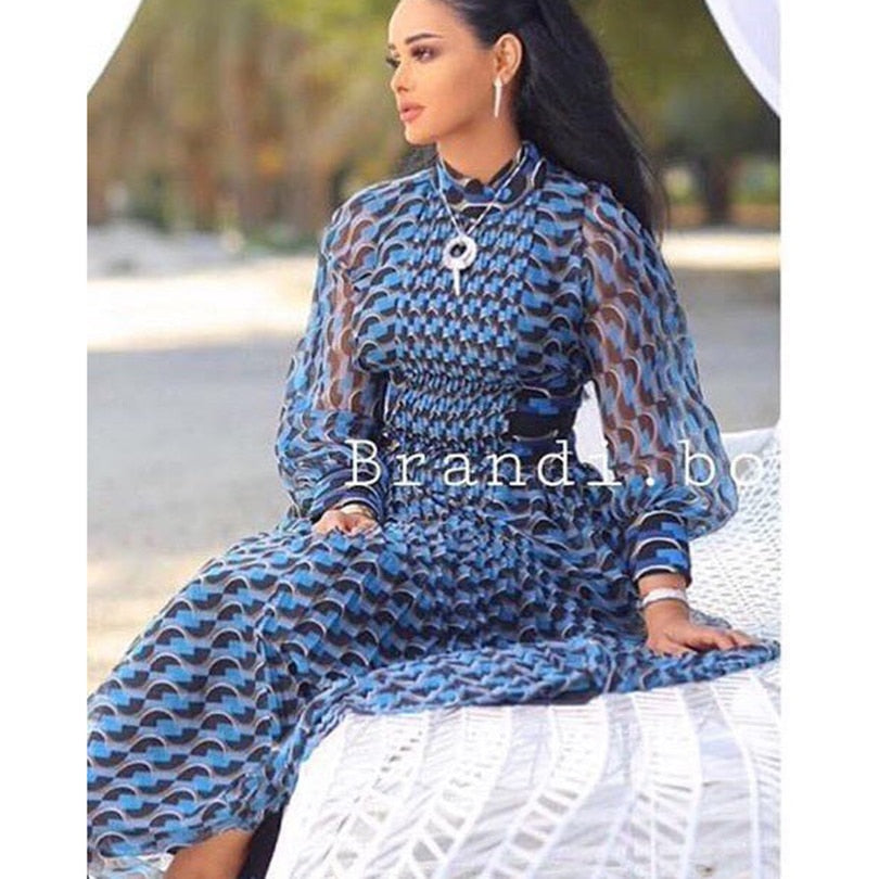 Designer Geometric Print Runway Dress Women's 3/4 Sleeve Waist Hollow Out Holiday Casual Long Dress