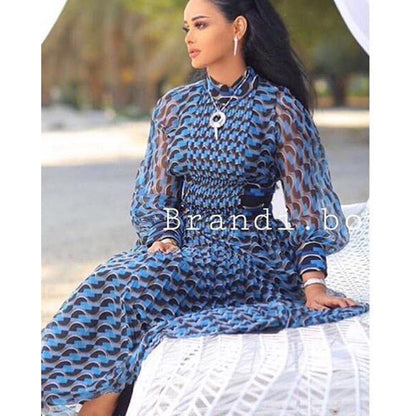 Designer Geometric Print Runway Dress Women's 3/4 Sleeve Waist Hollow Out Holiday Casual Long Dress