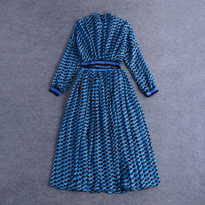 Designer Geometric Print Runway Dress Women's 3/4 Sleeve Waist Hollow Out Holiday Casual Long Dress