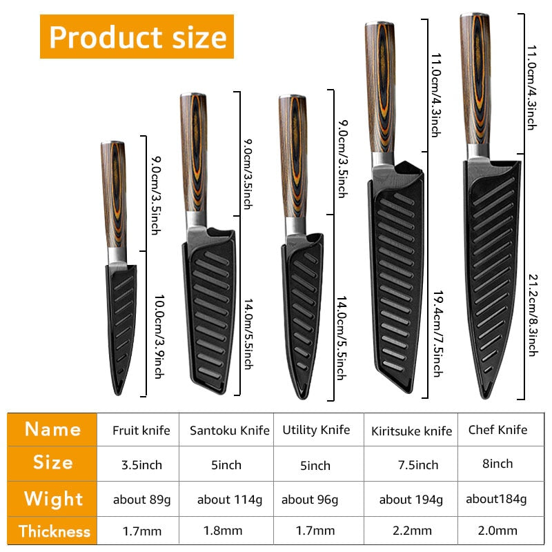 Kitchen knife Japanese Chef Knives 7CR17 440C Stainless Steel Imitation Damascus Knife Meat Cleaver Slicer Santoku Cutter Set