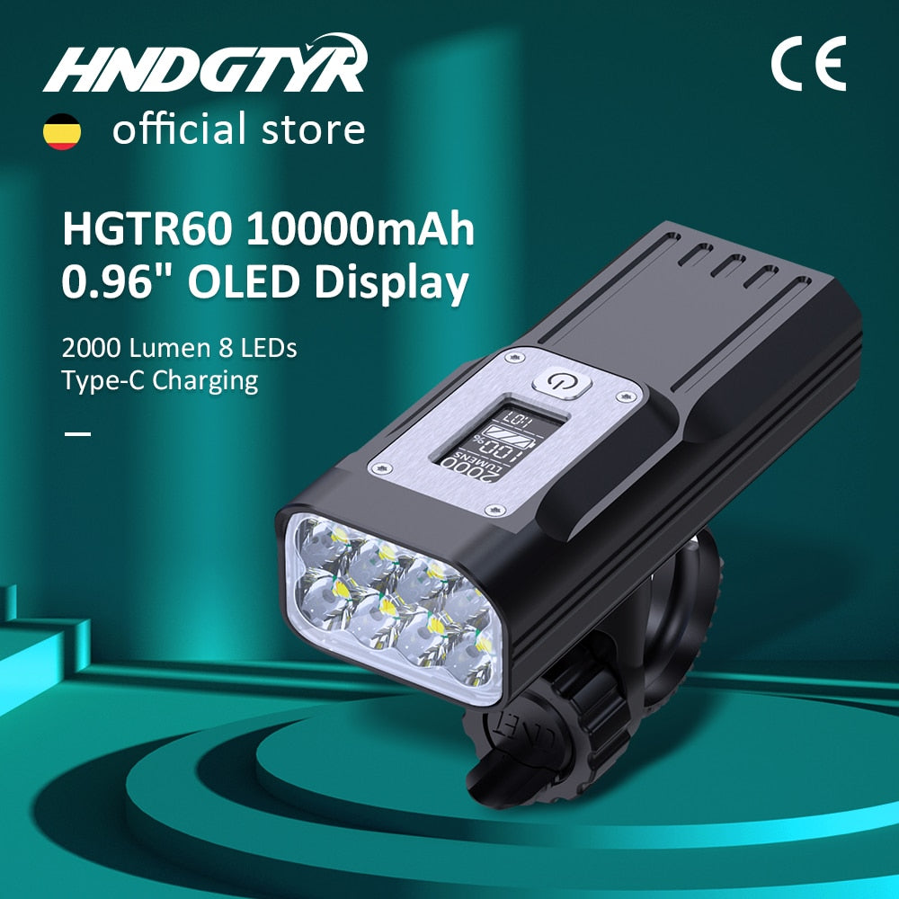 HNDGTYR 10000mAh Bike Light with OLED Display Rechargeable Bicycle Headlight Flashlight Type-C Charging 2000LM Lamp HGTR60 Lamp