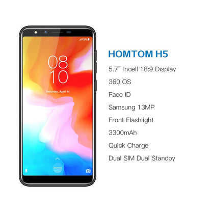 HOMTOM H5 3GB 32GB Mobile Phone 3300mAh Fast Charge Android8.1 5.7" Face ID 13MP Camera MT6739 Quad Core 4G FDD-LTE Smartphone