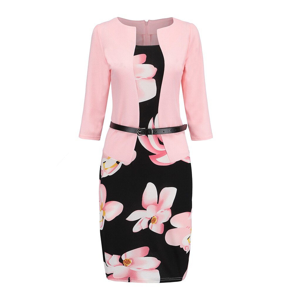 Women's Dress O Neck Office Work Formal Dress Bodycon Sheath Pencil Dresses with Belt 19ING