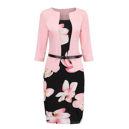 Women's Dress O Neck Office Work Formal Dress Bodycon Sheath Pencil Dresses with Belt 19ING