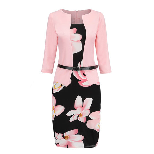 Women's Dress O Neck Office Work Formal Dress Bodycon Sheath Pencil Dresses with Belt 19ING