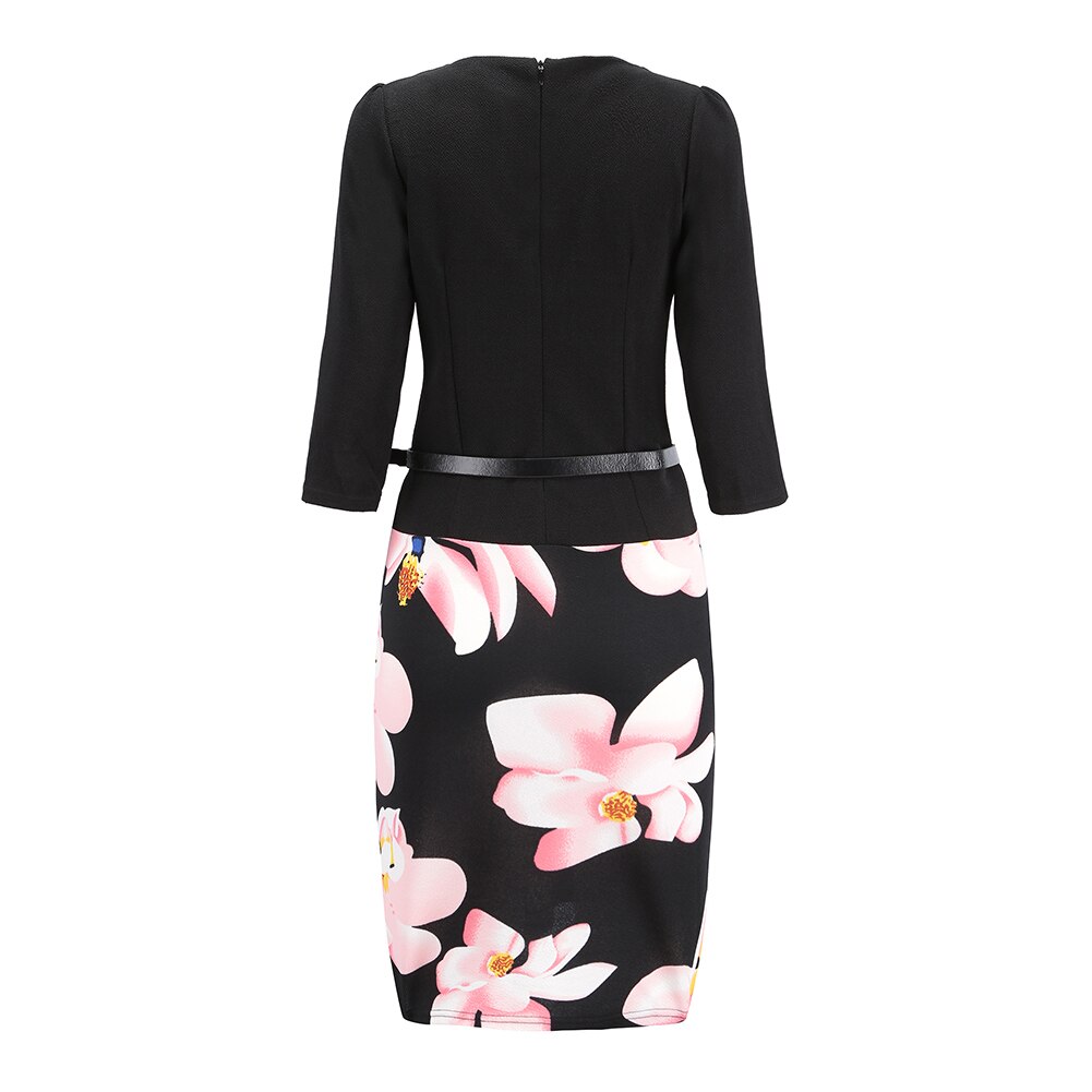 Women's Dress O Neck Office Work Formal Dress Bodycon Sheath Pencil Dresses with Belt 19ING
