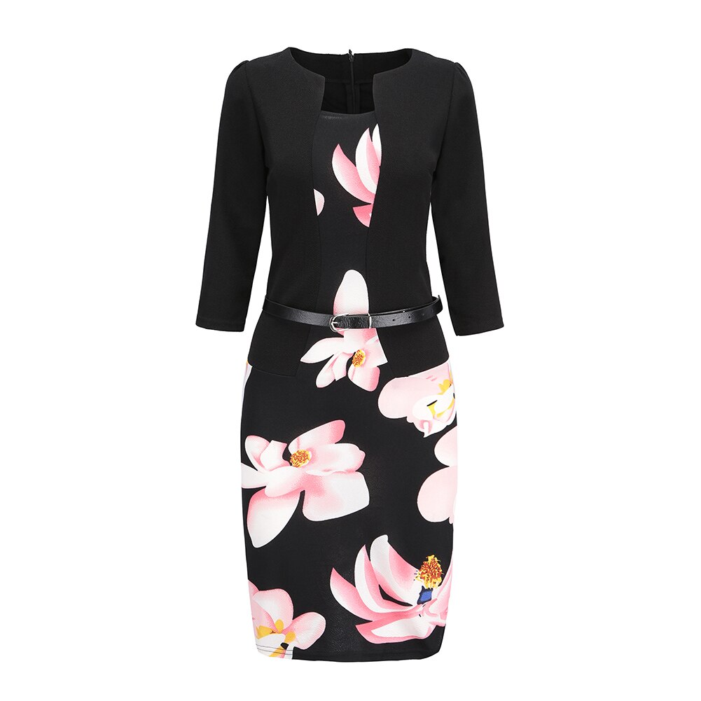Women's Dress O Neck Office Work Formal Dress Bodycon Sheath Pencil Dresses with Belt 19ING