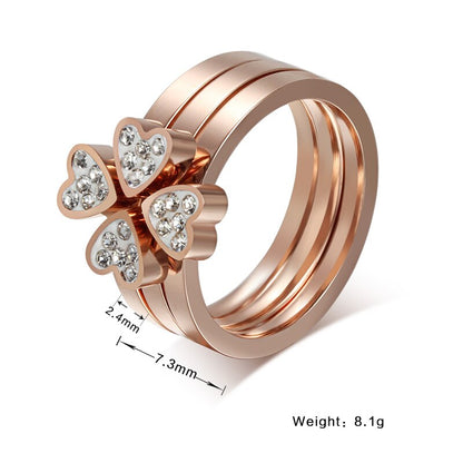 Gorgeous Three Ring Set For Women High Quality Stainless Steel three colors Crystal Clover Ring With crystals