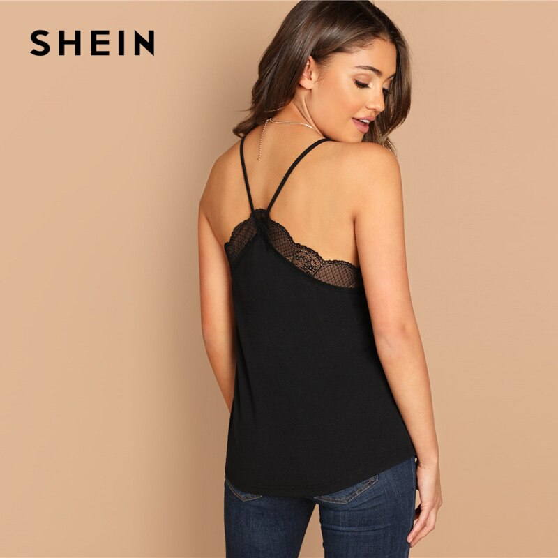 SHEIN V-strap Back Contrast Lace Trim Cami Spaghetti Strap Plain Top Women Autumn Casual Elegant Stretchy Modern Lady Tank