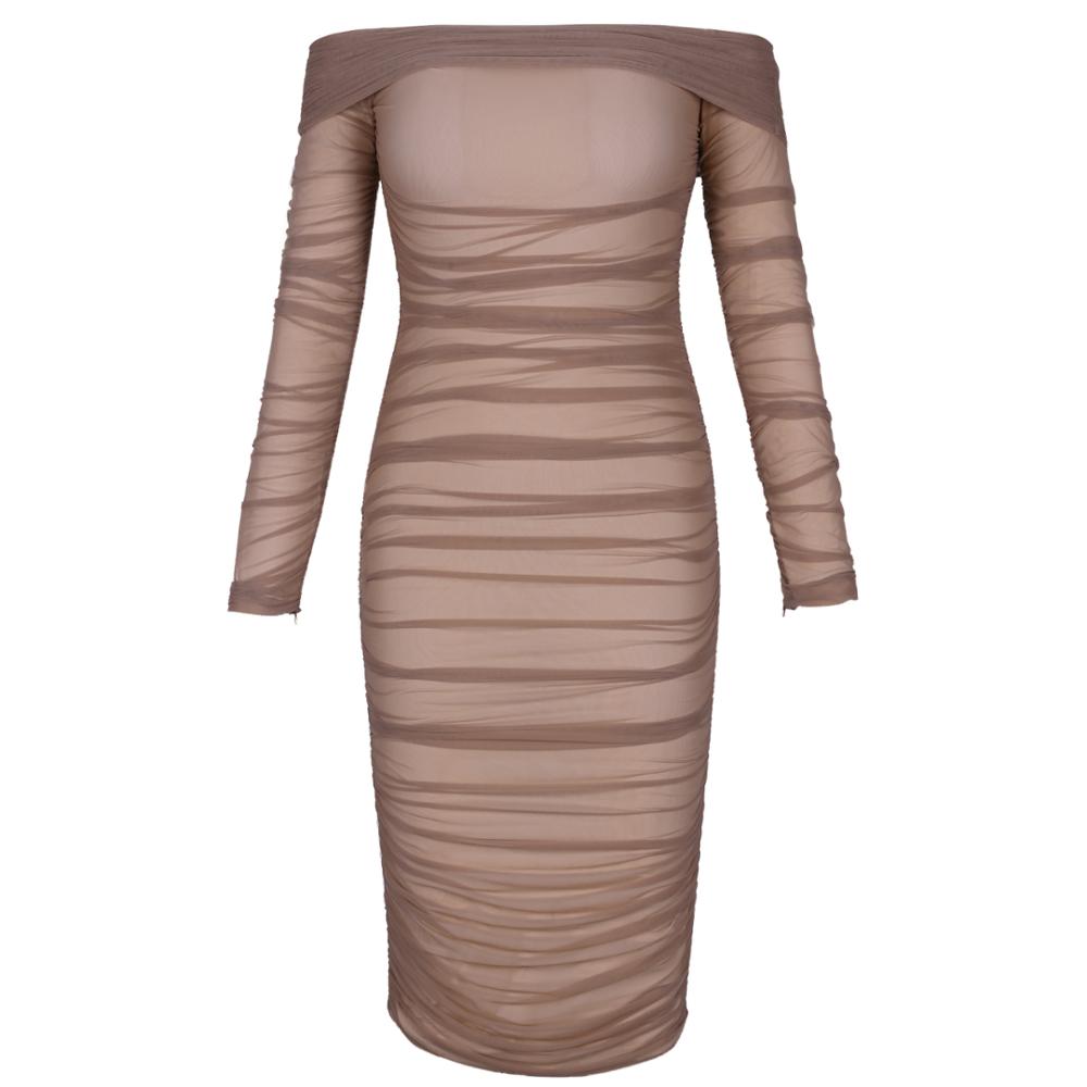 Deer Lady Summer Party Dress Women 2019 Sexy Mesh Bodycon Dress Long Sleeve Off Shoulder Sheer Ruched Celebrity Club Dress