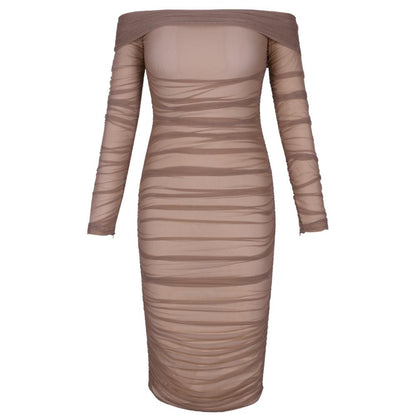 Deer Lady Summer Party Dress Women 2019 Sexy Mesh Bodycon Dress Long Sleeve Off Shoulder Sheer Ruched Celebrity Club Dress