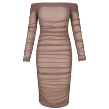 Cargar imagen en el visor de la galería, Deer Lady Summer Party Dress Women 2019 Sexy Mesh Bodycon Dress Long Sleeve Off Shoulder Sheer Ruched Celebrity Club Dress
