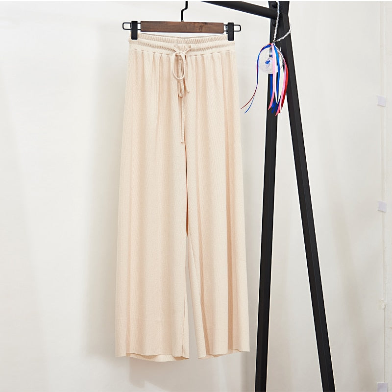 Women Summer Thin Knit Trousers Black Wide Leg Loose Pants Ankle Length Pants Casual trouser Elastic Waist Plus Size Pants S-4XL