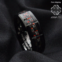 將圖片載入圖庫檢視器 Men&#39;s Tungsten Ring with Carbon Fiber 8mm Black and red men&#39;s Wedding Band Free Shipping
