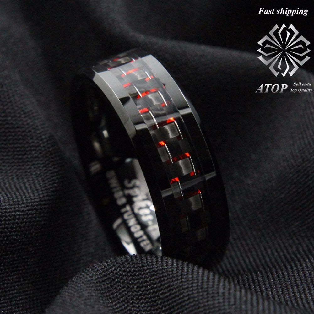 Men's Tungsten Ring with Carbon Fiber 8mm Black and red men's Wedding Band Free Shipping