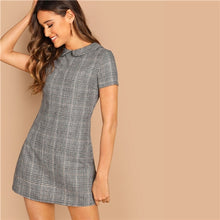 Cargar imagen en el visor de la galería, SHEIN Grey 100% Cotton Peter-Pan-Collar Plaid Short Sheath Short Sleeve Flared Dress Autumn Elegant Modern Lady Women Dresses
