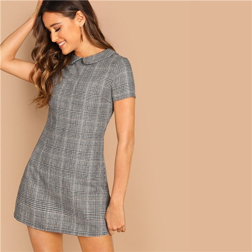 SHEIN Grey 100% Cotton Peter-Pan-Collar Plaid Short Sheath Short Sleeve Flared Dress Autumn Elegant Modern Lady Women Dresses