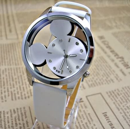 Fashion Cartoon Mickey Women Watch Men Transparent Hollow Quartz Watches Leather Strap Kid Wristwatch Girl Gift Relogio Feminino