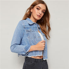 将图片加载到图库查看器，SHEIN Blue Frayed Edge Flap Pocket Spring Denim Jacket Coat Women 2019 Autumn Streetwear Single Breasted Ladies Casual Jackets
