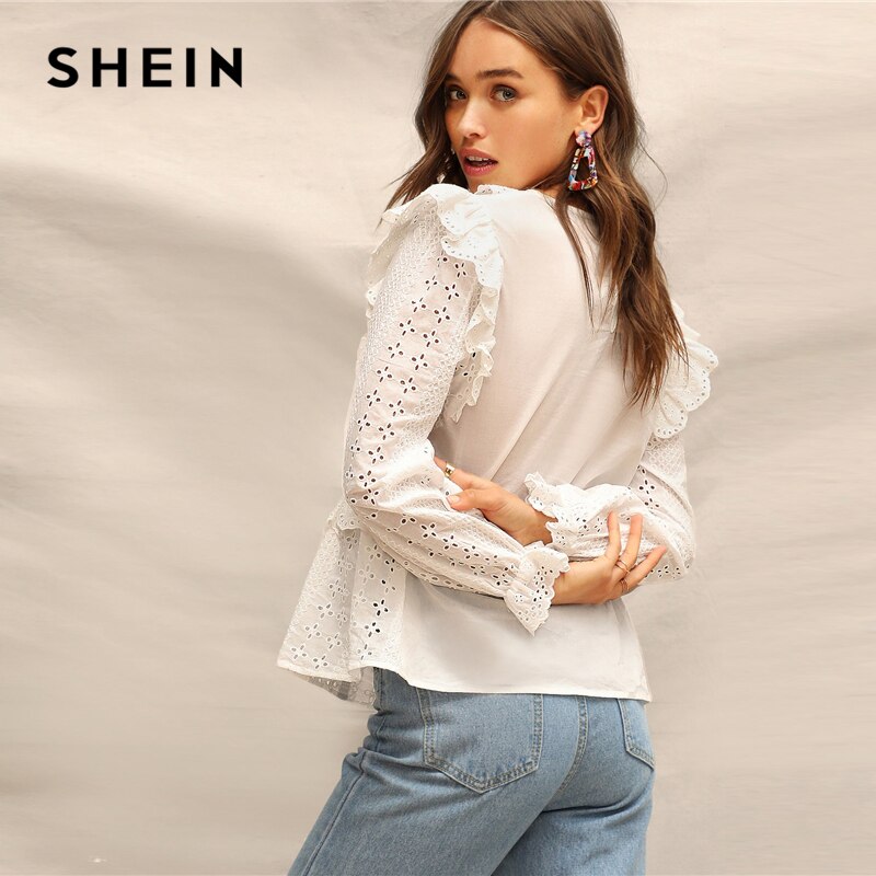 SHEIN White Ruffle Trim Embroidered Eyelet Top Flounce Sleeve Lace Blouse Women Spring Solid Scallop Front Boho Elegant Blouses