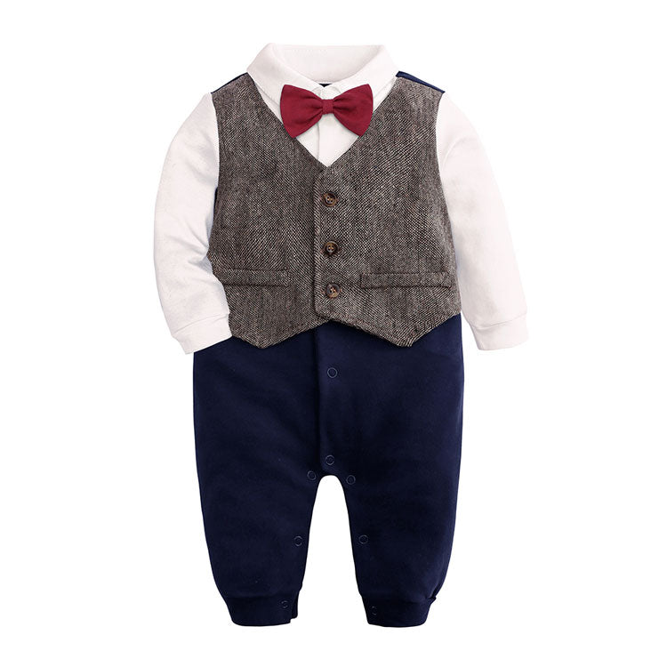 Cotton Long Sleeve Newborn Baby Clothes Plaid Bow Baby Boy Romper Spring Autumn Toddler One-Pieces Gentleman Newborn Costume