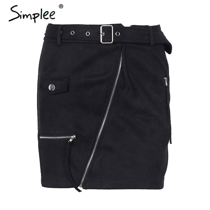 Simplee Suede zipper mini skirt women Streetwear motorcycle belt pencil skirt Fashion elegant winter short skirt female 2018