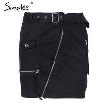 Load image into Gallery viewer, Simplee Suede zipper mini skirt women Streetwear motorcycle belt pencil skirt Fashion elegant winter short skirt female 2018
