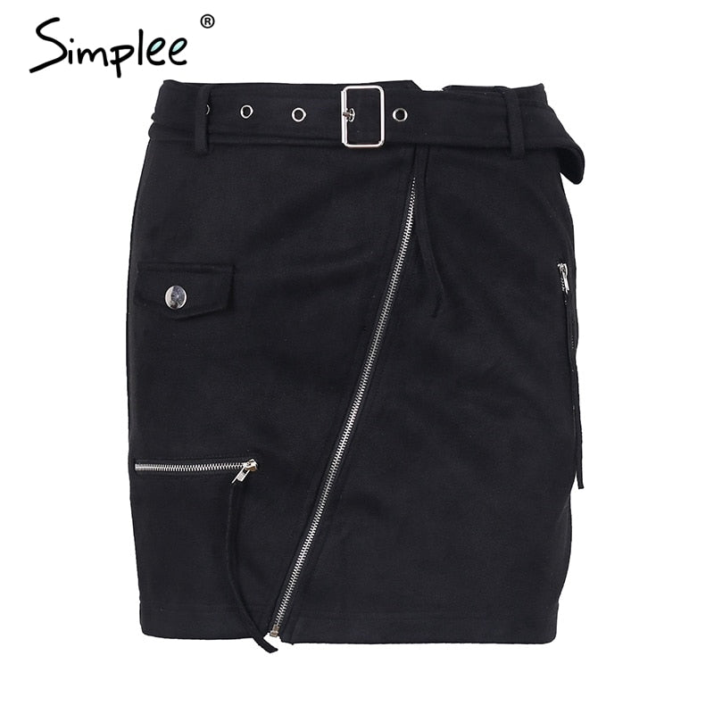 Simplee Suede zipper mini skirt women Streetwear motorcycle belt pencil skirt Fashion elegant winter short skirt female 2018