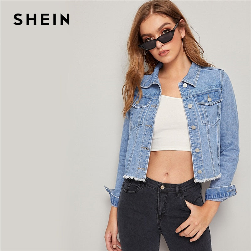 SHEIN Blue Frayed Edge Flap Pocket Spring Denim Jacket Coat Women 2019 Autumn Streetwear Single Breasted Ladies Casual Jackets