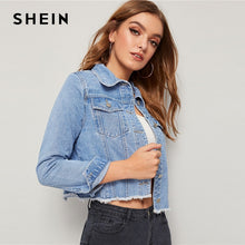 Charger l&#39;image dans la galerie, SHEIN Blue Frayed Edge Flap Pocket Spring Denim Jacket Coat Women 2019 Autumn Streetwear Single Breasted Ladies Casual Jackets
